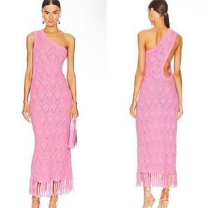 NWT Dodo Bar Or Revolve Martin Fringe Hem Crochet Dress in Pink One Shoulder